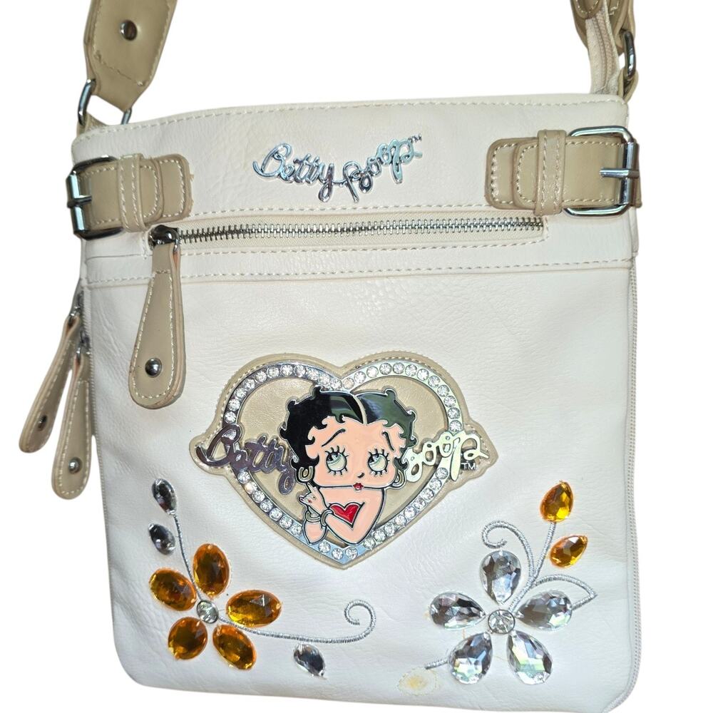 Betty Boop Y2k Style White Beige Faux Leather Rhinestone Crossbody Purse
